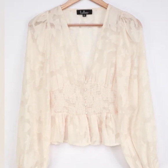 Lulus Patio Date Ivory Floral Jacquard Button-Up Long Sleeve Top - Picture 7 of 8